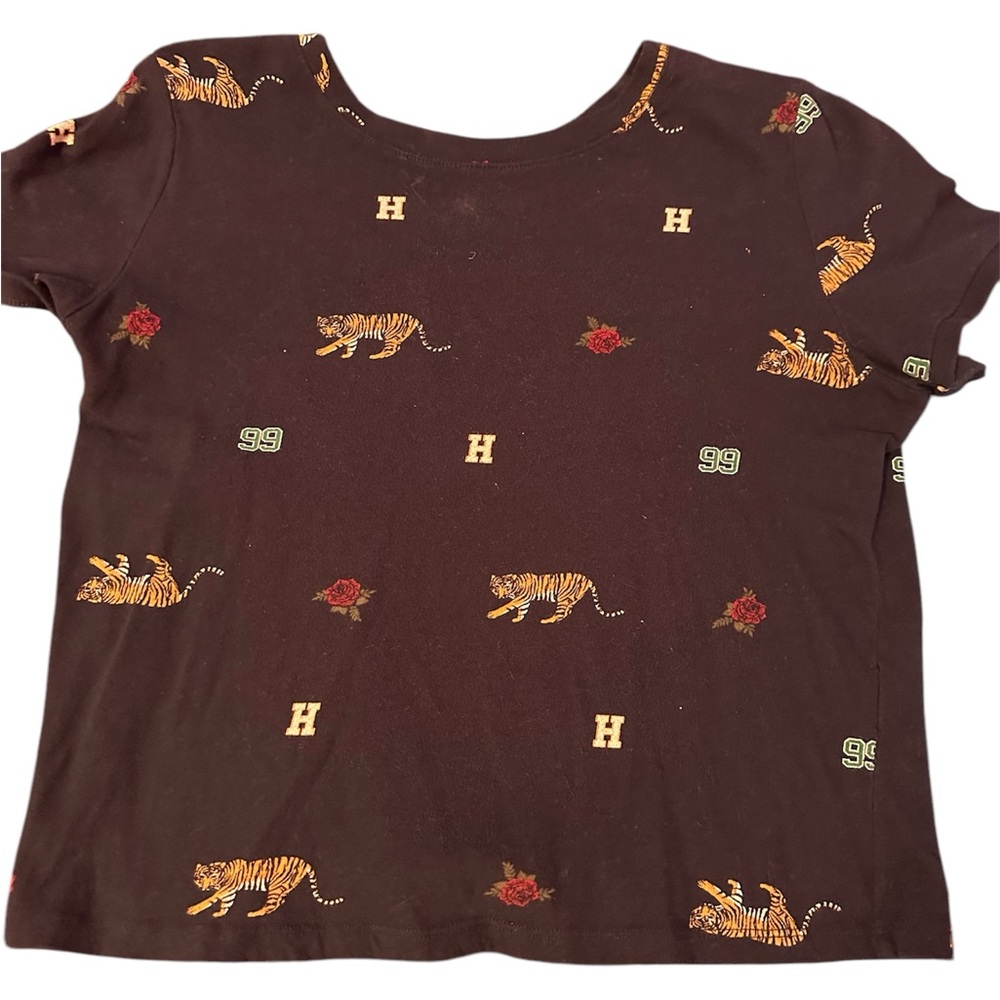 Hollister Baby Tee Large Navy Y2K Tiger Rose Vintage Campus